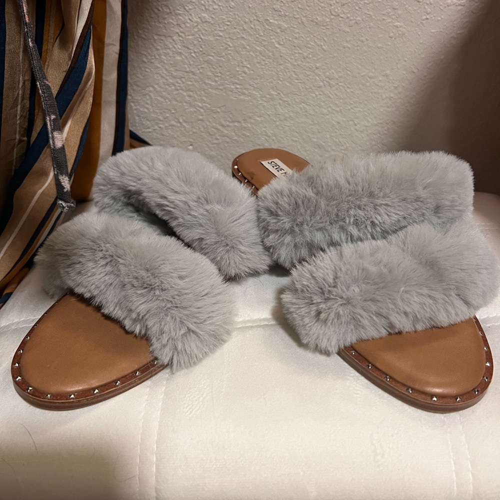 Steve Madden Tan and Gray Faux Fur Slippers